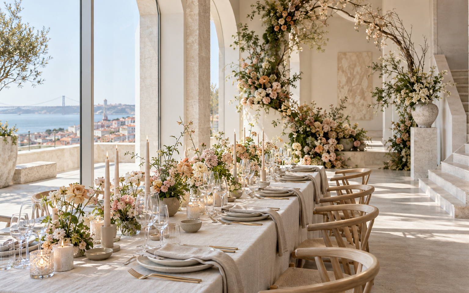 Mesa de evento contemporâneo com instalação floral
